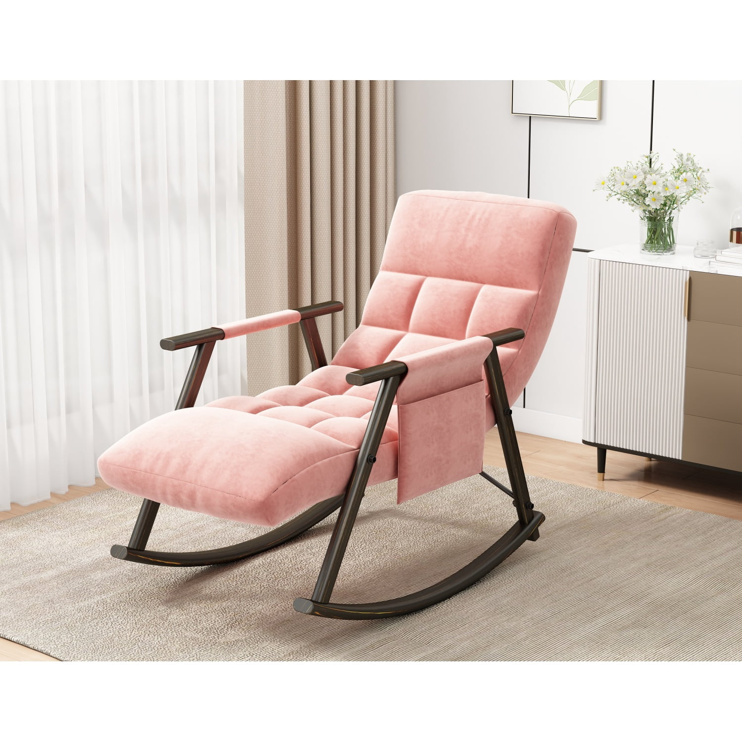 Casual Folding Rocking Chair Lounge Chair with Adjustable Back and Footrest, Pink Plush Velvet