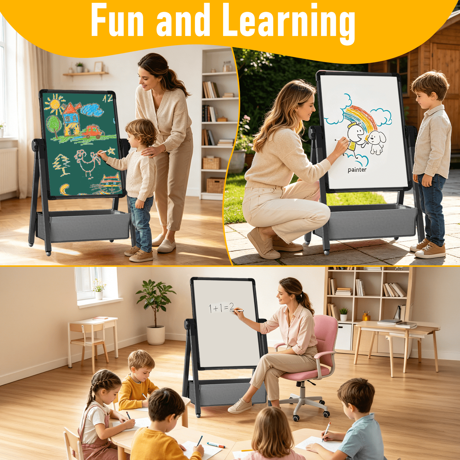 Art Easel for Kids, Double Sided Magnetic Kids Easel, Adjustable 360°Rotating Whiteboard & Chalkboard for Boys and Girls, Black