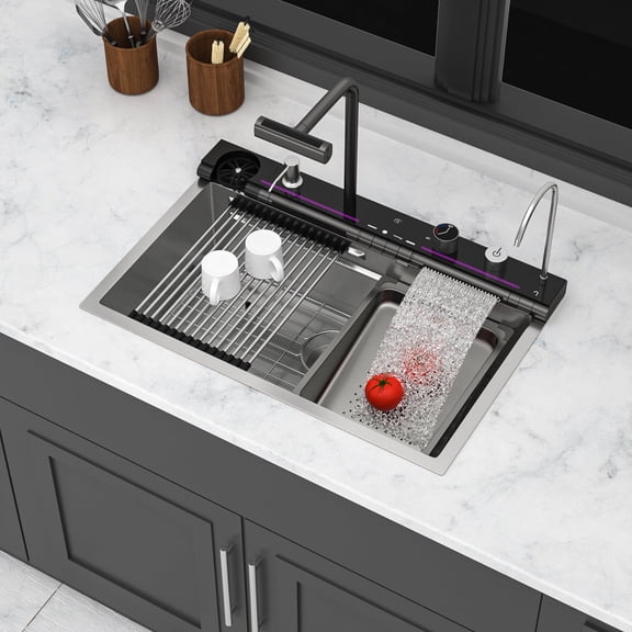 Acpouw 30 Inch Waterfall Kitchen Sink Black - 30 x 19 x 9 inch Single Bowl 16 Gauge Stainless Steel Ledge Workstation Under Counter Smart Kitchen Sinks With Faucet