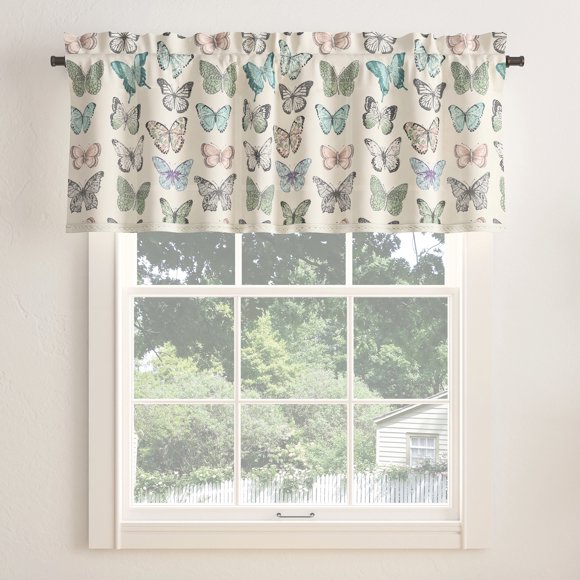 No. 918 Magdalena Butterfly Imprimé Brodé Bordure Semi-Transparente Poche Tringle Cantonnière, 54"x18 Pouces, Bleu