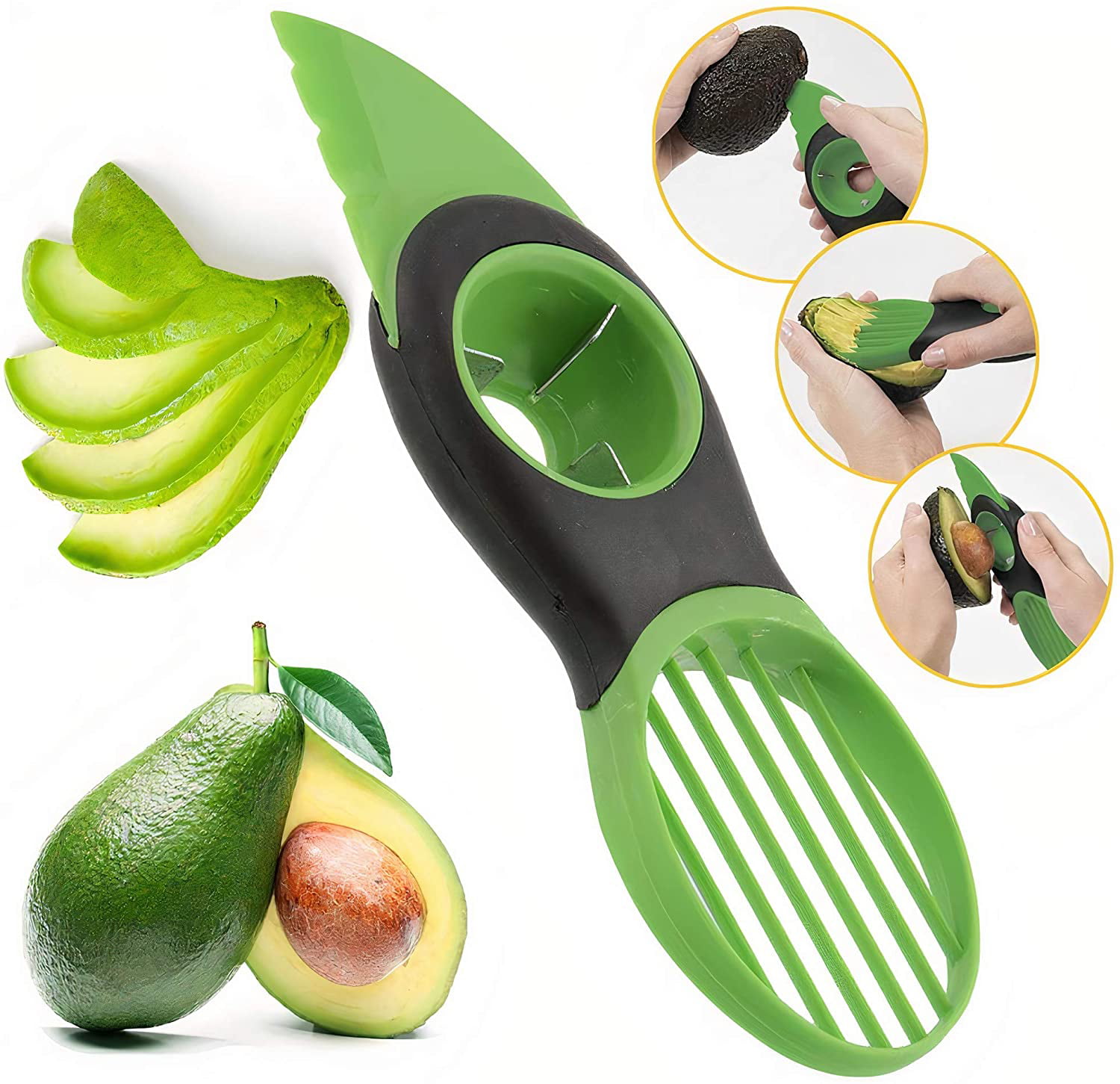Hulless Practical 3 In 1 Avocado Slicer,Avocado Cutter,Avocado Masher Fruit Splitter Nuclear Remove Tool Double Sided Apple Nuclear Remover. Green black 
