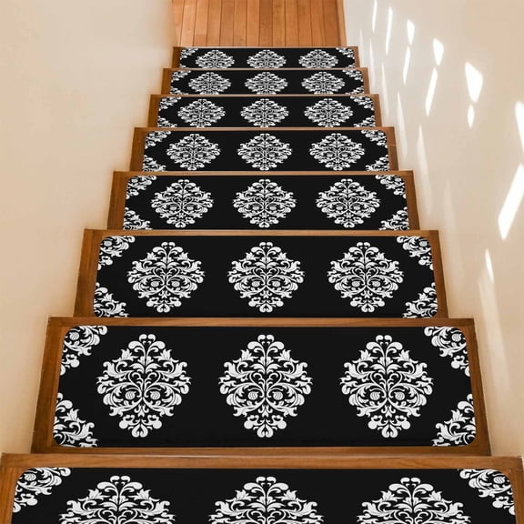 Stair Treads Non Slip Indoor for Wooden Steps, Baroque Black 4 Pcs Stair Mats for Kids Elders Dogs, 8 x 30 Inch Vintage Damask Classic Floral Carpet Treads Runner Rugs for Staircase