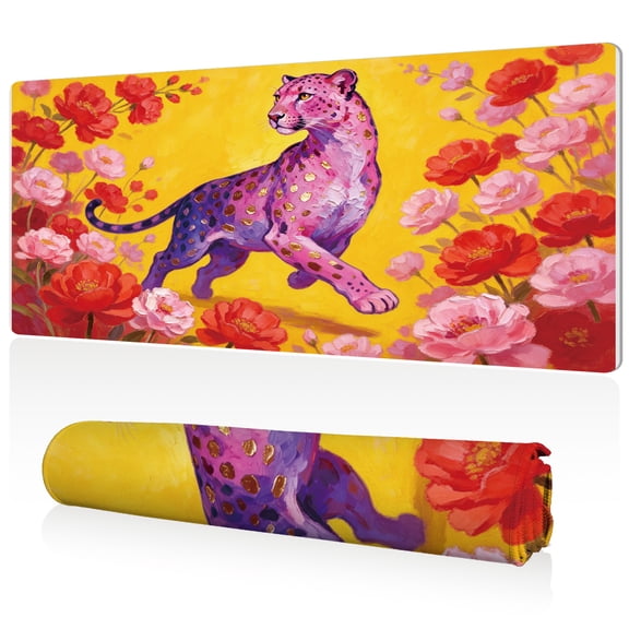 LIVEKEY Extra Large Mouse Pad 80x40x0.3cm Full Desk Coverage Non Slip Durable Easy Clean Stitched Edges for Gaming Office with Colorful Leopard and Flowers Design