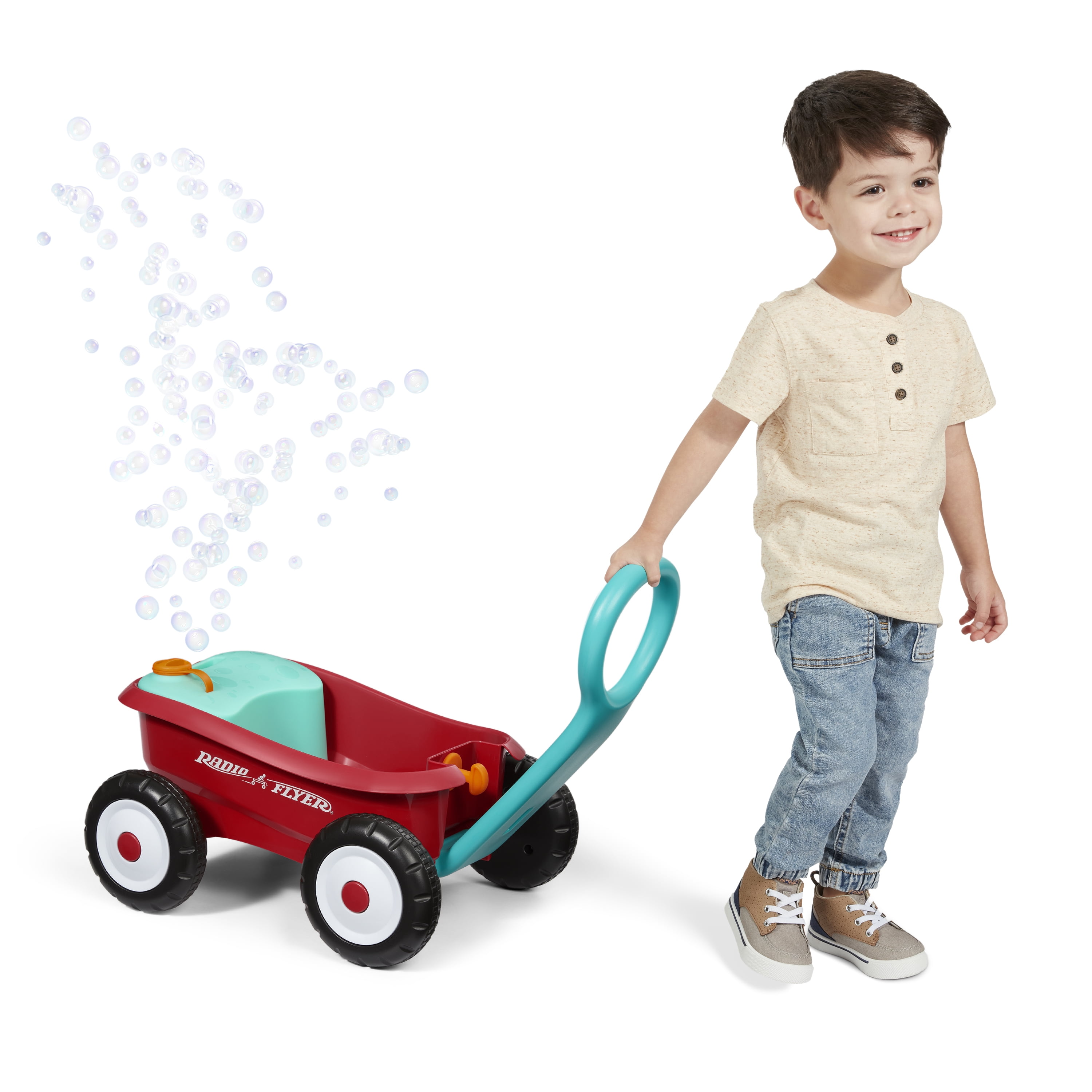 Radio Flyer Push & Pull Bubble Buddy Walker Wagon, Battery-Free Bubble Machine for Kids 1-4 Years
