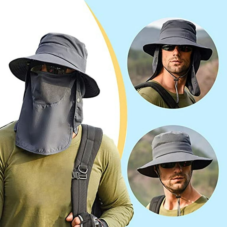 Mens Outdoor Sun Hat with Face Neck Flap UV Protection Wide Brim Fishing  Hat for Hiking Safari Gardening UPF 52+ - Dark gray