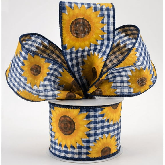 2.5"x10yd Yellow Sunflower on Navy and White Check Wired Edge RibbonRJ30940-25
