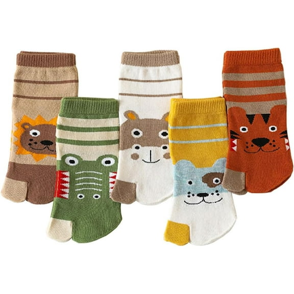 Kids Cotton Toe Socks Medium Tube Two Toed Socks Cute Cartoon Animal Socks for Boys Girls 3-12 Years, 5 Pairs