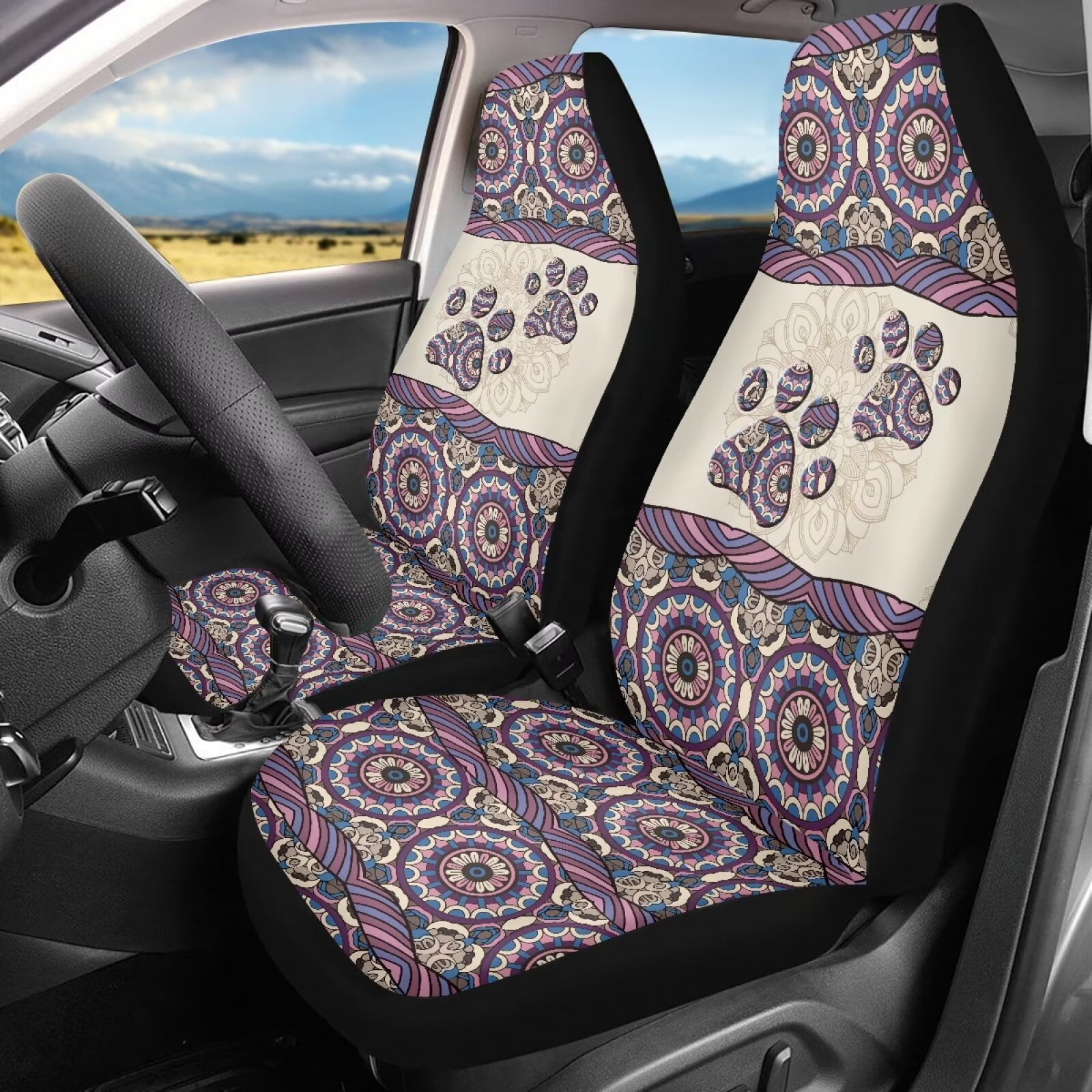 Uourmeti Women Cute Dog Paw Car Seat Covers Front Seats Only Boho Car Accessories for Women Vehicle Interior Decor Universal Bucket Seat Protector for Cars Truck Suvs