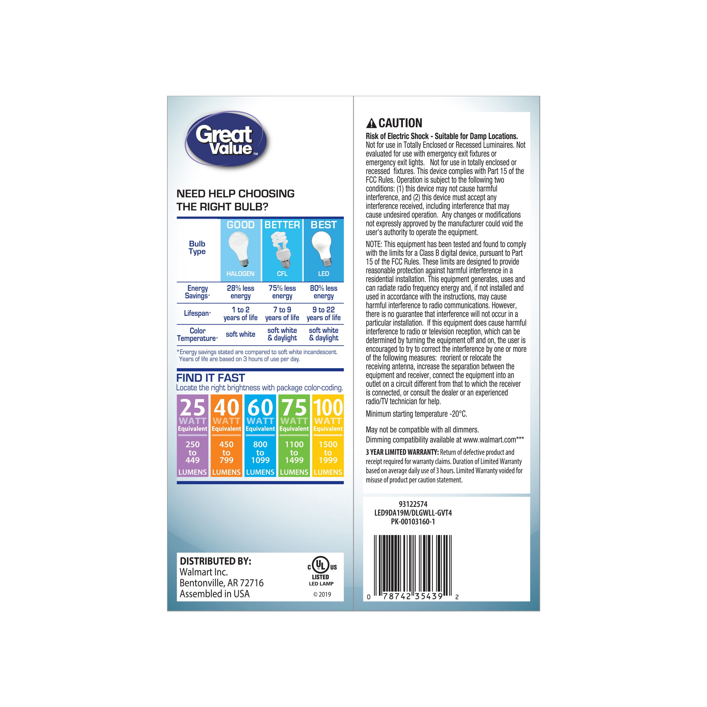 Great Value LED 9.5-Watt (75W Equivalent) Daylight Color Frosted Light Bulbs, Medium Base, 22-Year Life, 4pk