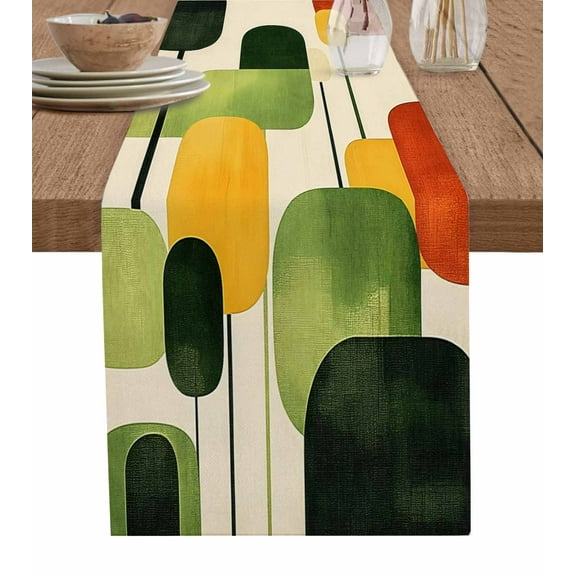 Hokiten Table Runners 48 Inches Long Dress Scarves, Green Abstract Farmhouse Kitchen/Dining Table Runner, Short Coffee Tablerunners, Geometric Simple Lines Vintage Art 13x48 Inch