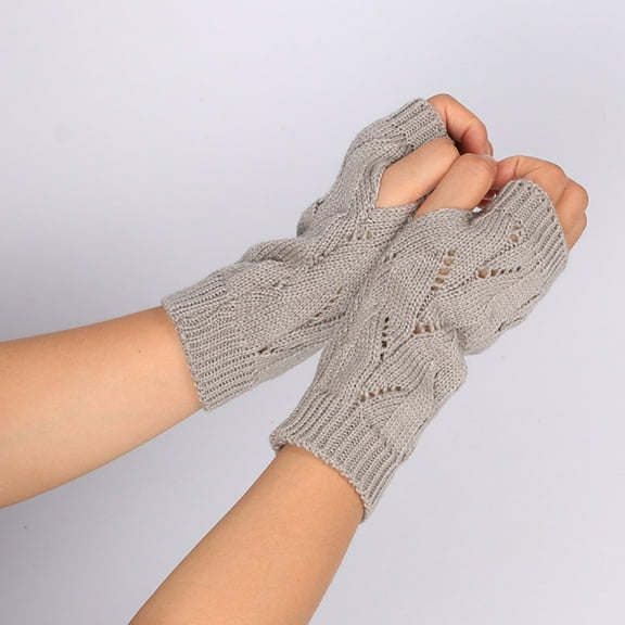 Masteelf Women's Winter Warm Knitted Crochet Gloves Long Fingerless Arm Warmers Gloves Mittens with Thumb Hole (Light Grey)