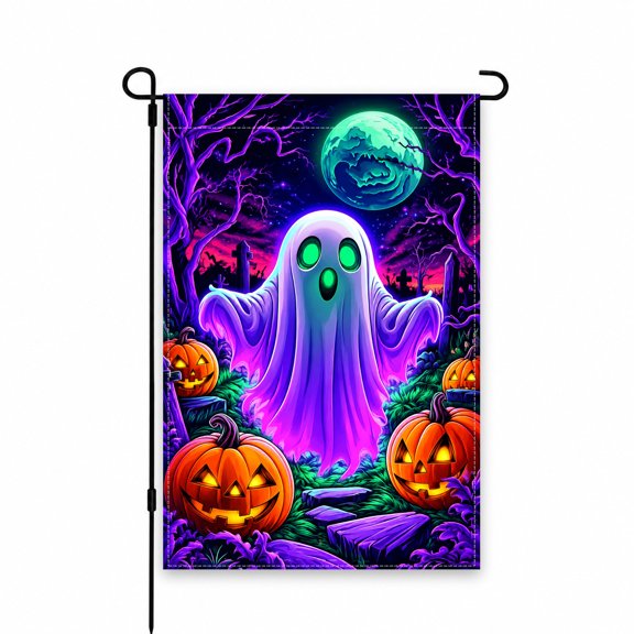 Halloween Garden Flag 12x18 Inch – Glowing Ghost, Pumpkins, Full Moon, and Spooky Graveyard Design – Outdoor Lawn, Yard, Patio, or Porch Decor