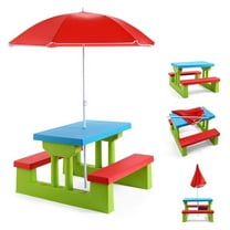 Kids Picnic Table Set, Outdoor Table and Chairs with Umbrella, Portable Toddler Picnic Table for Backyard, Patio, Garden - Red