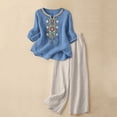 thumbnail image 2 of GZWYHT Women'S Linen 2 Piece Outfits,Wide Leg Pants Floral Tunic Short Sleeve Cotton Set Summer Travel Outfits Summer Vacation Top Embroidered Tops Peasant Blouses Blue 3XL, 2 of 5