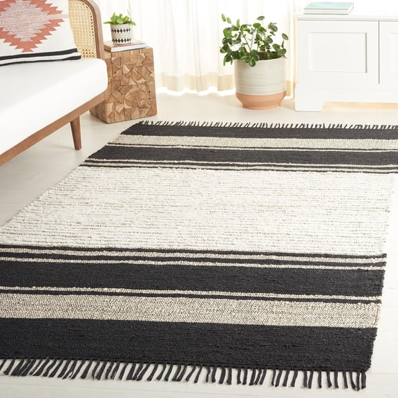 Safavieh Natural Fiber Collection Area Rug - 6' Square, Ivory & Black, Handmade Jute & Cotton, Boho Stripe Fringe Design, Ideal for The Living Room, Bedroom, Dining Room NF203Z-6SQ