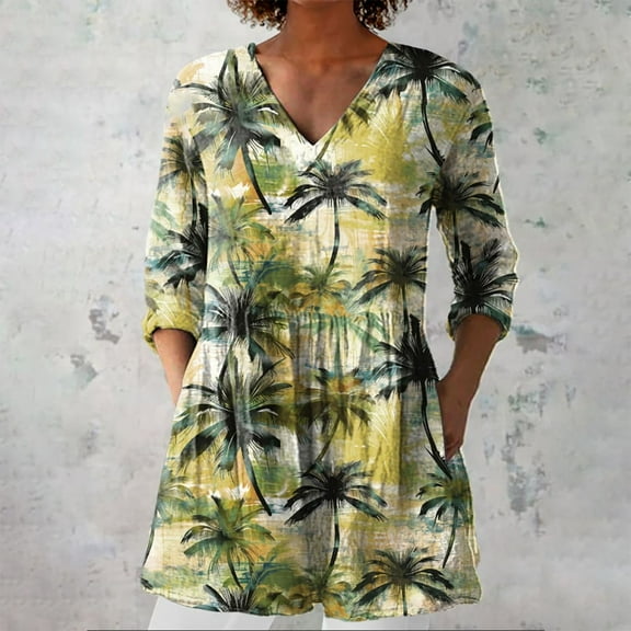 New Summer Printed Group Linen V Neck Casual Shirt, Yellow 2XL, Size S-XXXL