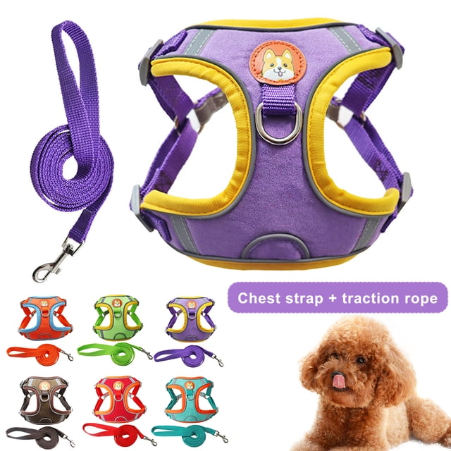 Flmtop 2Pcs/Set pour Chiens de Compagnie Harnais Bandes Réfléchissantes Empêchent les Chiens Respirables de Se Précipiter Kit de Laisse de Traction Sangle Poitrine pour Petits Chiens de Taille Moyenne