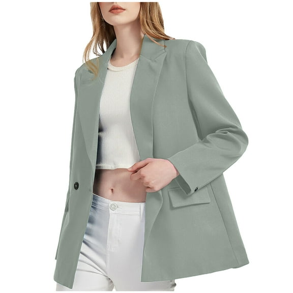 Jacenvly 2024 Blazers for Women Lapels Long Sleeve Mid-Length Business Attire Button Pocket Solid Cardigan Coat Soft Comfort Casual Fashion Slimming Blouse