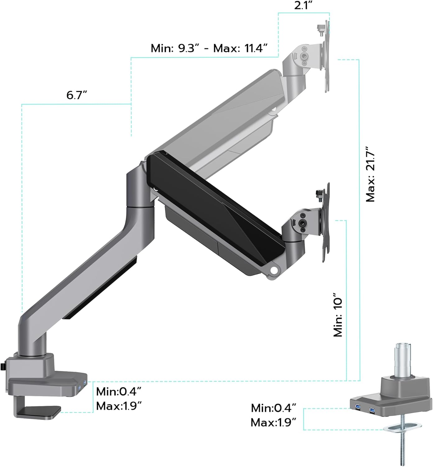 ARES WING Single Monitor Arm with USB, Heavy Duty Adjustable Monitor Arm for 13"-49" Screens, Gas Spring Monitor Arm Desk Mount with Clamp & Grommet Base Holds up to 40 lb, VESA 75x75 100x100, Grey
