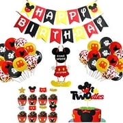 Mickey Mouse Party Supplies Birthday Decorations Set, 1 Mouse Happy Birthday Banner,1 Cake Topper,25 Cupcake Topper, 25 Wrappers,40 Mickey Color Balloons ,Mickey Mouse Door Sign,for Baby Bba