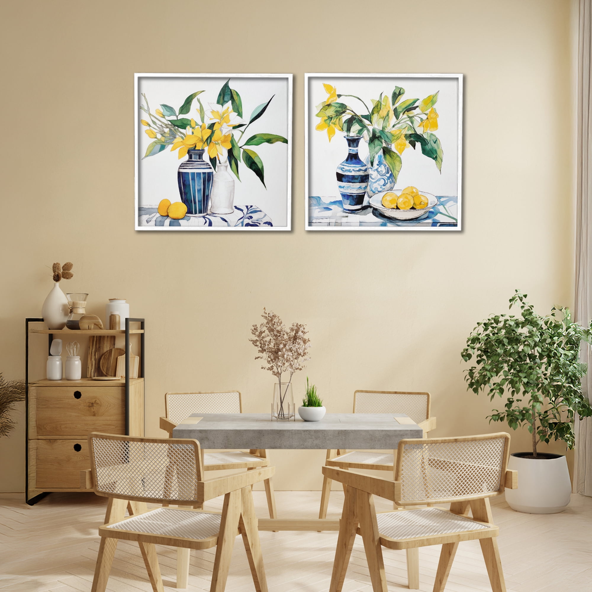 Stupell Industries Lemon Blooms Table Setting 2 Piece White Framed Giclee Art Set, design by Ray Powers