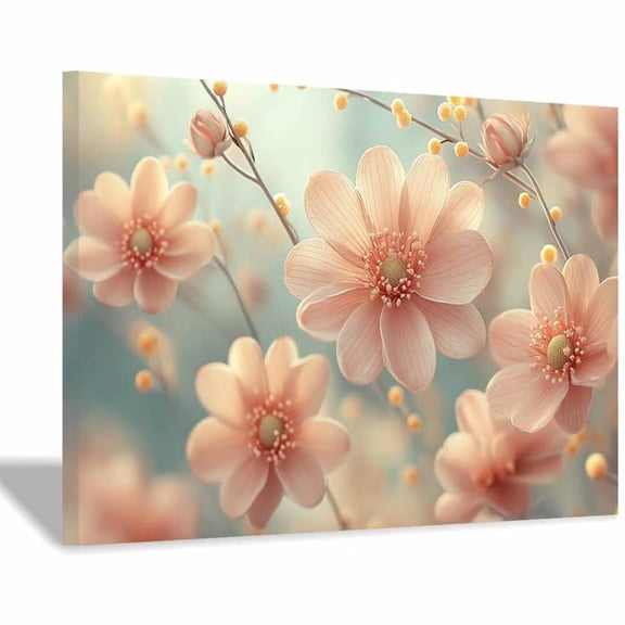 Mudket Soft Light Peach Flowers Canvas Wall Art, Floral Wall Decor, Framed Ready to Hang Artwork for Living Room Bedroom - 12"L x 8"W