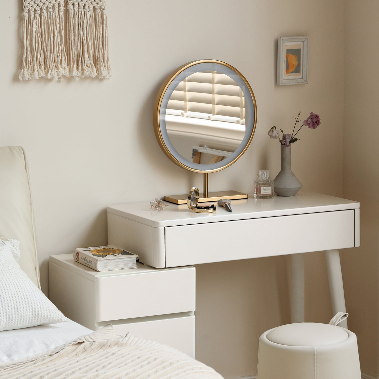MAYEERTY Solid Liriodendron Wood Dresser Table with Stool – Elegant White Vanity with Storage Drawers