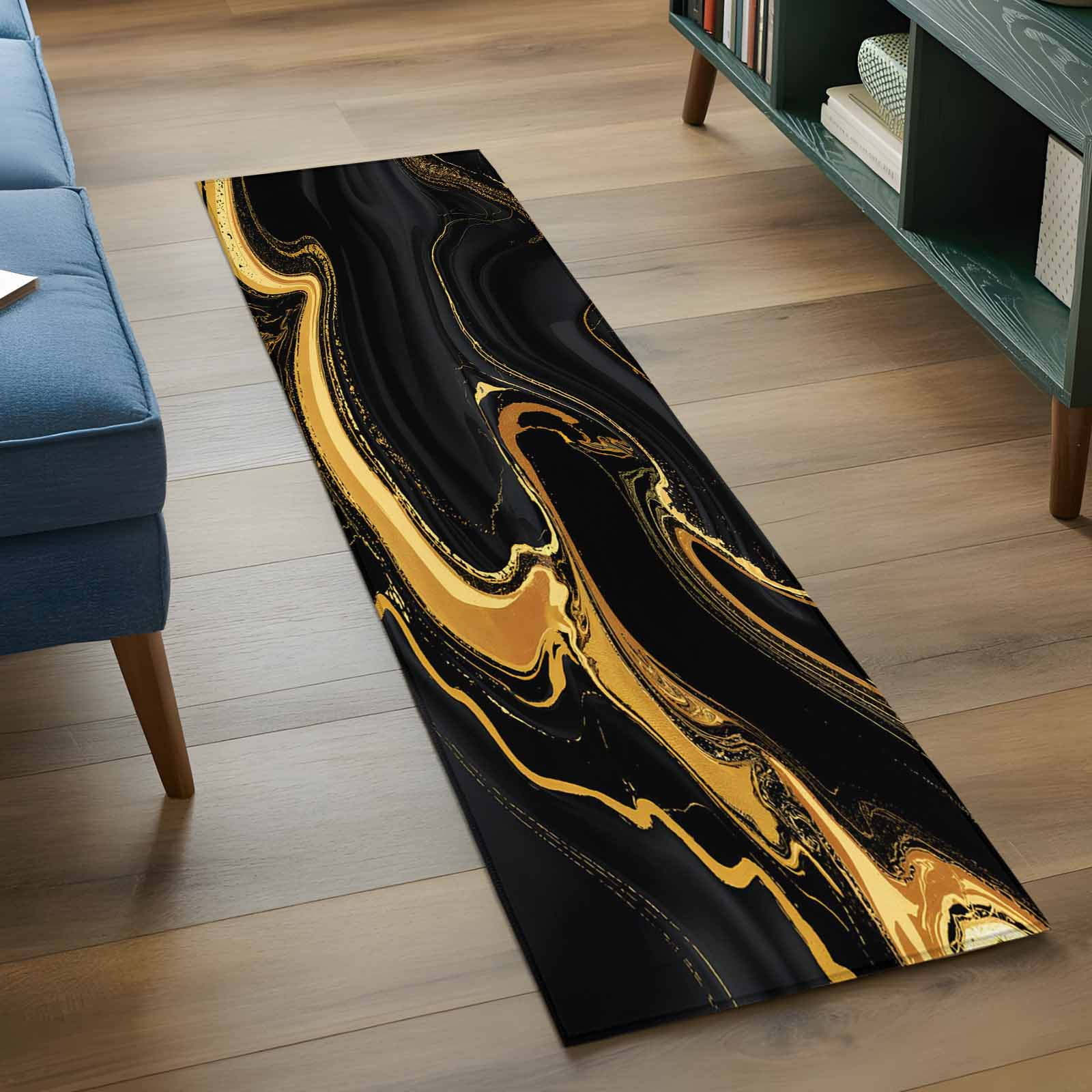 Black Gold 2x6 Runner Rug for Hallway Walkway Kitchen Galley, Marble Luxury Abstract Abstract Fluid Texture Low Pile Washable Non Slip Long Area Rug