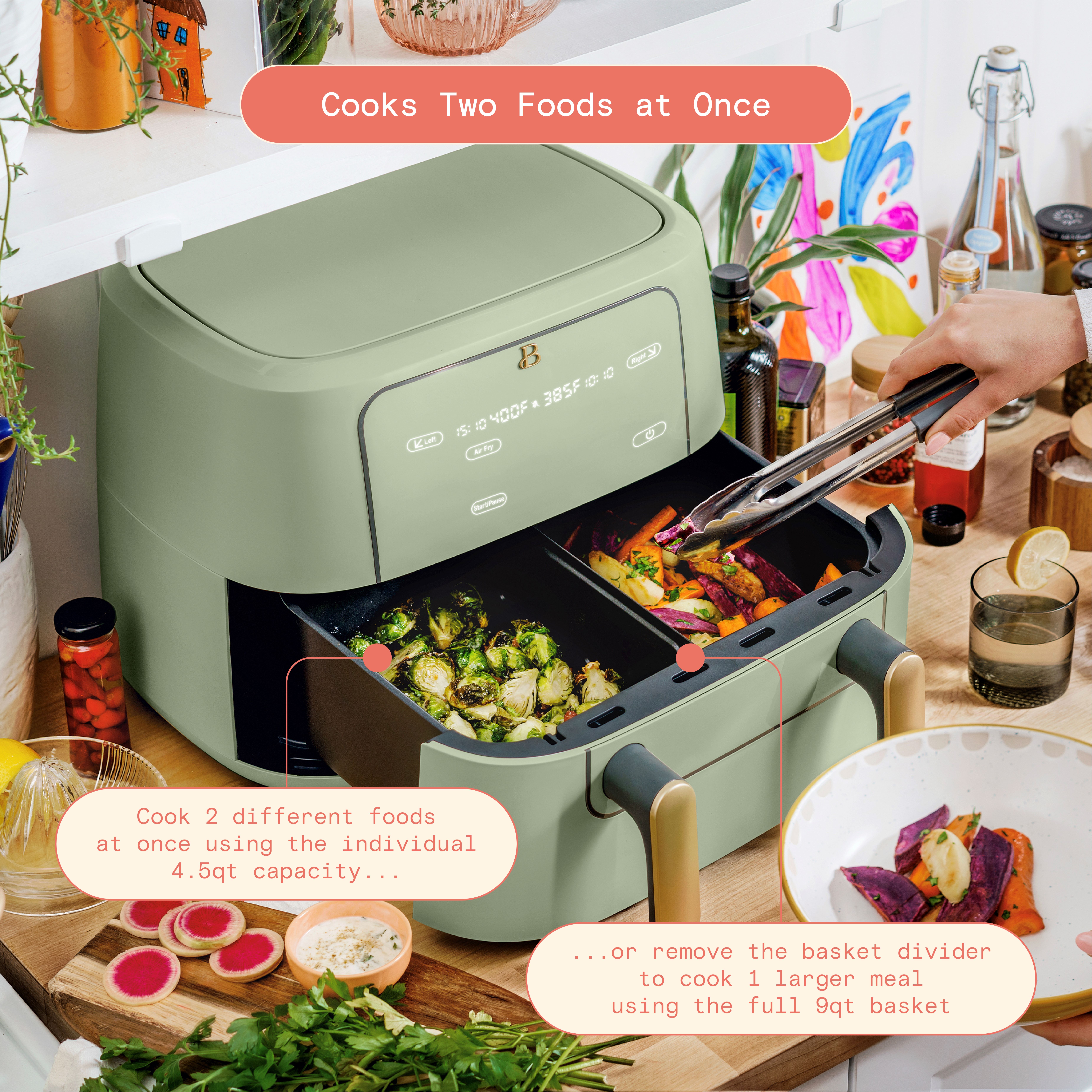 Beautiful 9 QT TriZone Air Fryer, Sage Green by Drew Barrymore - image 2 of 12
