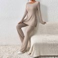 thumbnail image 4 of Conjunto de tops con cuello redondo y pantalón de pierna ancha para mujer Trajes para el hogar sencillos y holgados (Caqui L), 4 of 9