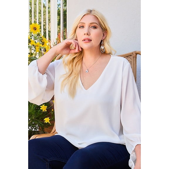 V Neck Bubble Sleeve Solid Top 3XL