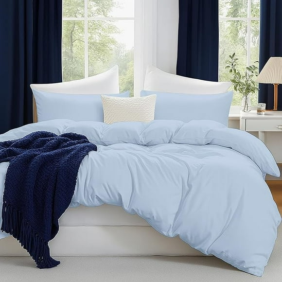 Beddora Ensemble Housse de Couette Très Grand 3 Pcs / 100 % Coton – Housses de Couette de Literie Douces, Respirantes et Durables avec Attaches d'Angle Fermeture à Boutons – Bleu Pâle