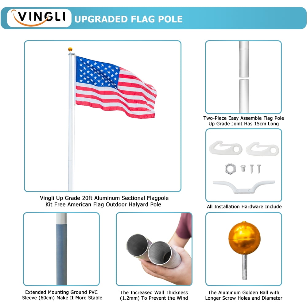 VINGLI Upgraded 20FT Sectional Aluminum Flagpole, Thick Tube Halyard Flag Pole with 3'x5' Polyester USA American Flag