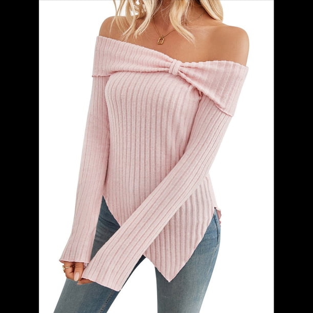 Suéter de Punto con Hombros Descubiertos y Lazo para Mujer, Blusa con Abertura Lateral, Ropa Estética Y2K de Moda Rosa XL