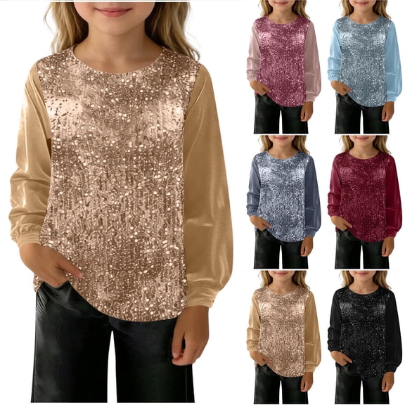 Girls Sequin Tops Long Sleeve Glitter Sparkly Party Blouse Loose Casual Round Neck Dressy Tops for Evening Party Fall Clothes