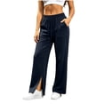 thumbnail image 3 of Women's Wide Leg Sweatpants Drawstring Elastic Waist Straight Leg Pants with Pockets Side Slit Loose Fit Casual Athletic Lounge Trousers, 3 of 9