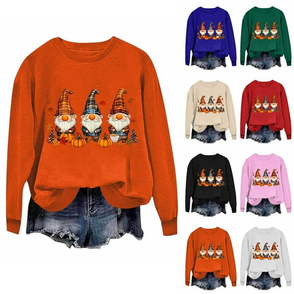 TKLPEHG Fall Thanksgiving Sweatshirt for Women Gnomes Pumpkin Print Graphic Sweatshirts Long Sleeve Crewneck Loose Tops (Army Green,L)