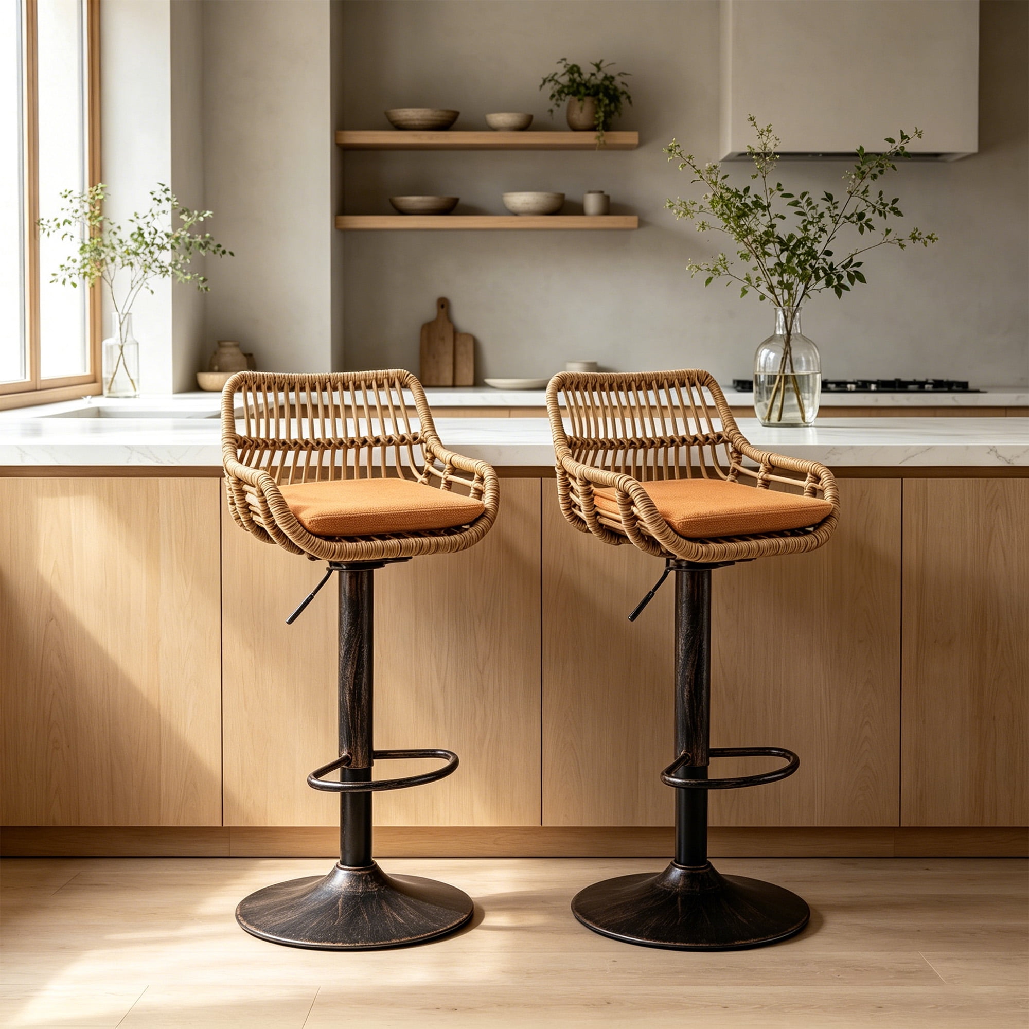 MOONMISS Swivel Bar Stools Set of 2, Modern Adjustable Counter Height Barstools with Back, Rattan Bar Chairs with Cushions & Metal Footrest, Pub Stools for Kitchen, Bar, Dining Room,Orange
