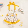 thumbnail image 4 of ZEHJUHAN Baby Girls' Ruffle Sleeveless Halter Romper + Headband Set, Bow Print Summer Outfit with Snap Closure Yellow，12-18M, 4 of 9