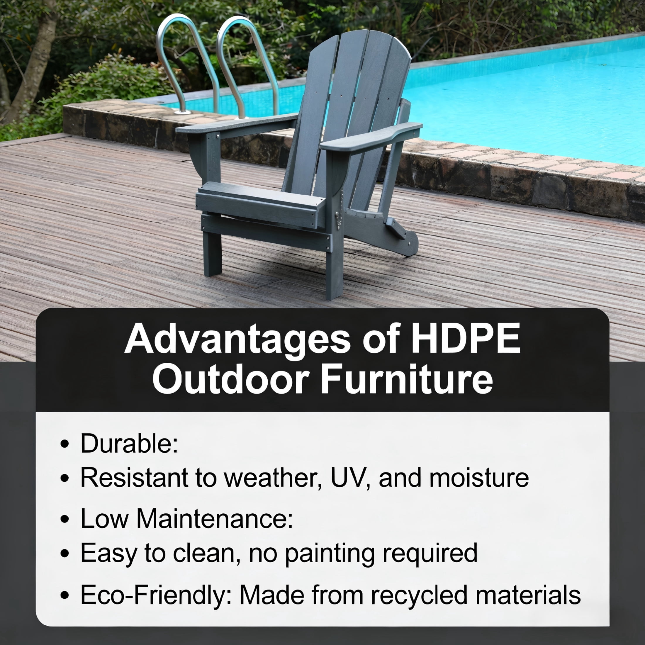 Noble House Folding Outdoor Adirondack Chair with Dual Cup Holders, All-Weather Patio Chair for Backyard, Gray