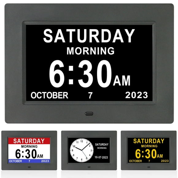 Clock with Day and Date for Elderly -3 Colors Display 12 Alarms Digital Calendar Day Clock Alarm Clock Wall Clock Large Display Dementia Alzheimers Clock Large Digital Clock for Seniors (7 inch Black)