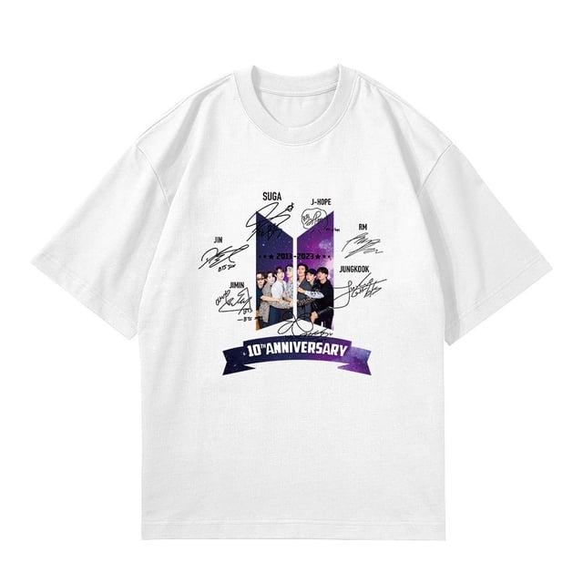 KPOP BTS 10th Anniversary Camiseta De Algodón Para Hombres Y Mujeres Talla Grande Arte Firma Impresión Suelta Pareja Manga Corta Harajuku Verano Moda Casual Estudiante Camisa Tee