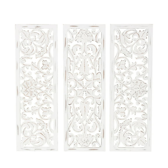 DecMode White Wooden Handmade Intricately Carved Floral Wall Decor (3 Count)