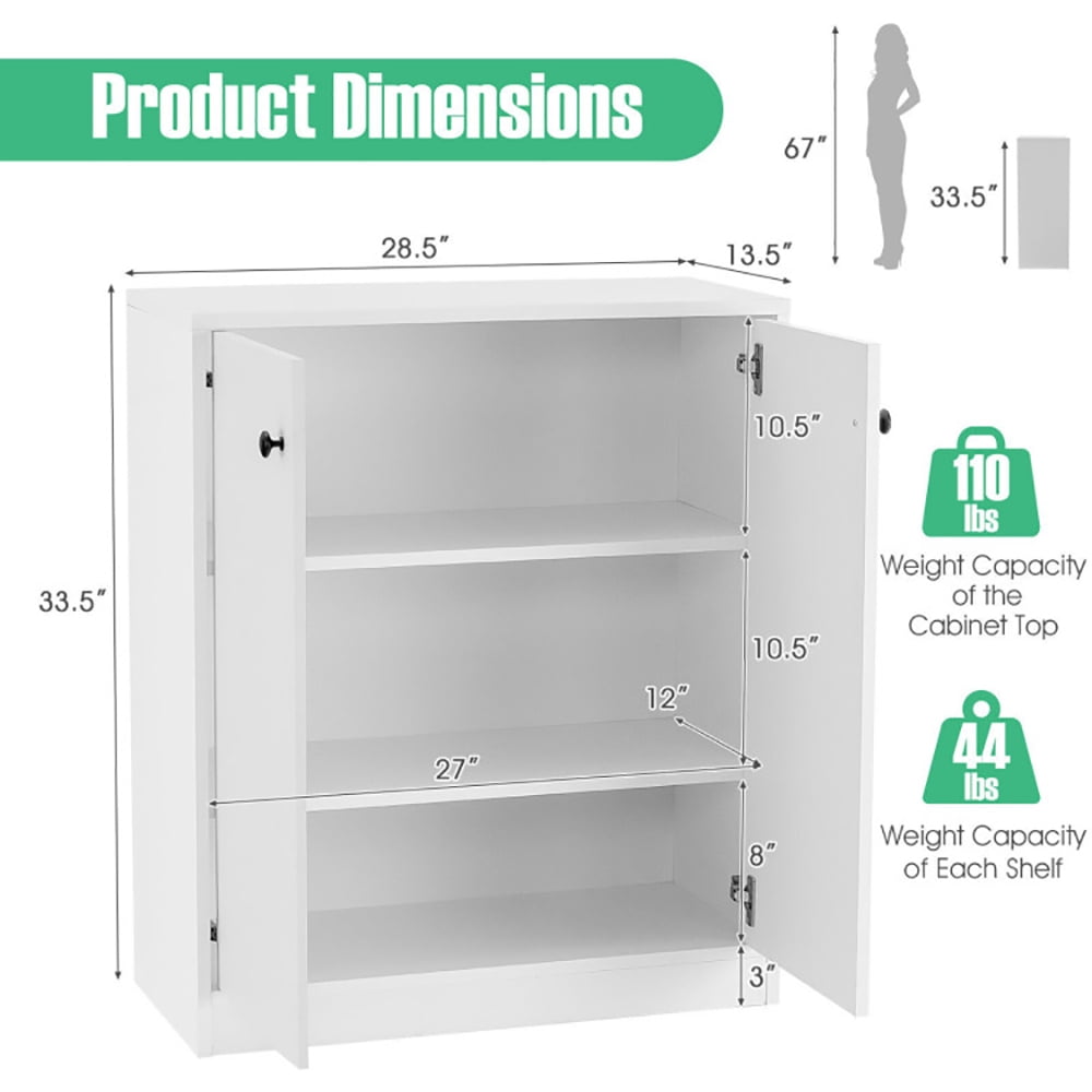 Finihen Storage Cabinet, Sideboard Storage Cabinet, 2 Door Storage Base Cabinet with 3-Tier Shelf, for Living Room, Bedroom, Entryway, White