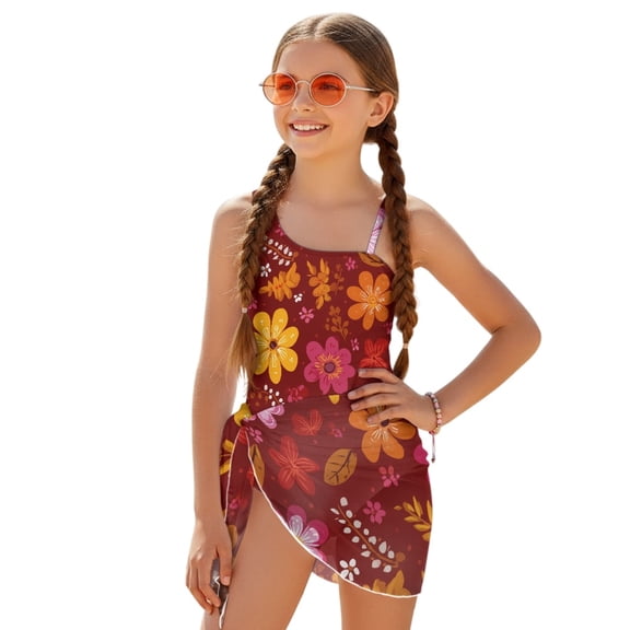 Whosucclay Red Background Flowers Pattern Girls One Piece Swimsuit with Mesh Cover Up, Tummy Control Adjustable Strap Girls Swimwear with Mesh Cover Up, 7-8 Years Old