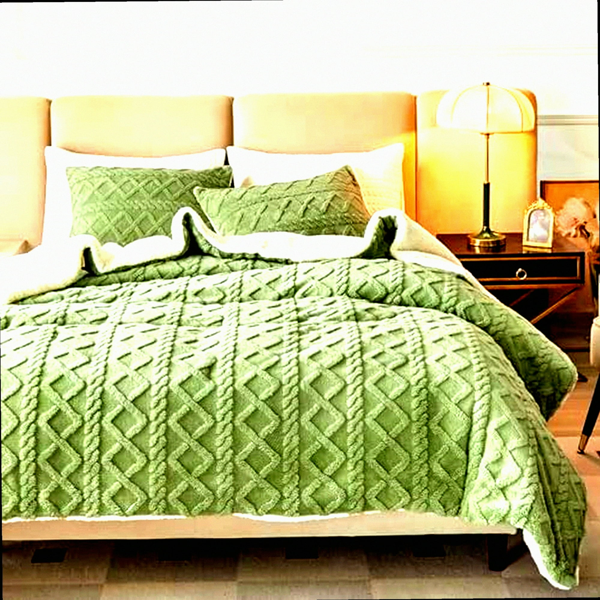 Green Sherpa Bliss Comforter Set Plush Queen Size Bedding Luxe Tufted Warmth 3 Piece Fluffy Bed Set 88x88 inches Walmart