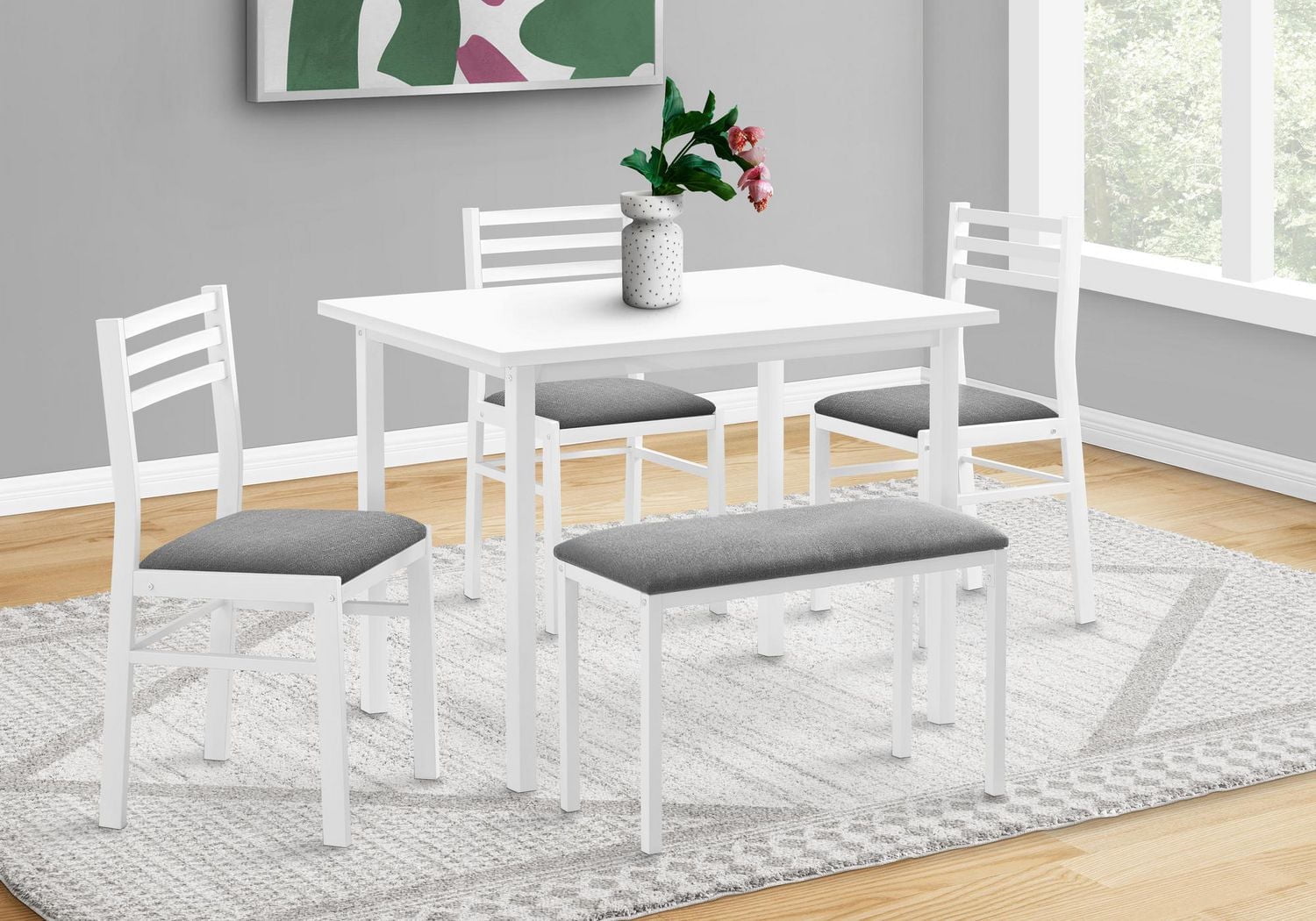 Monarch Specialties Dining Set, 5pcs Set, 40" Rectangular, Kitchen, Small, White Metal And Laminate, Grey Fabric, Contemporary, Modern