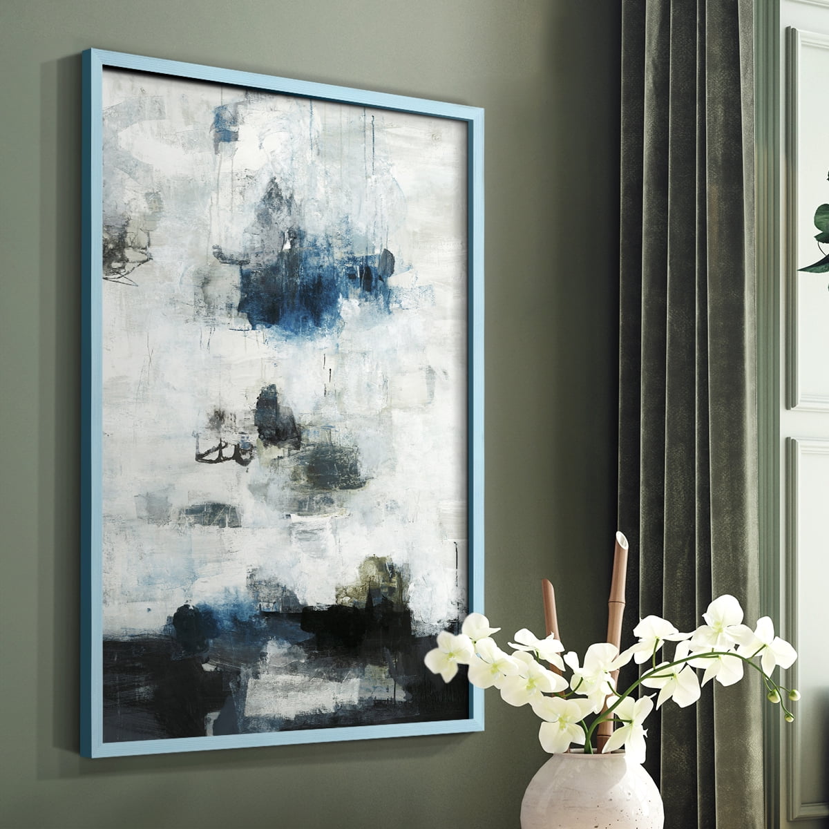 Black & Blue Framed Print in Blue Solid Wood Framed Print No Nail Hanging