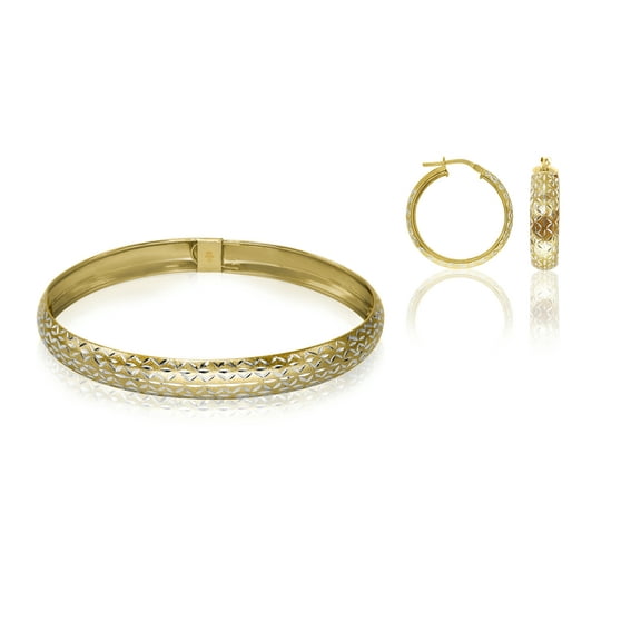 Brilliance Fine Jewelry 18K Gold Plated Sterling Silver Diamond Cut Women's Flex Bangle & Hoop Earrings Set