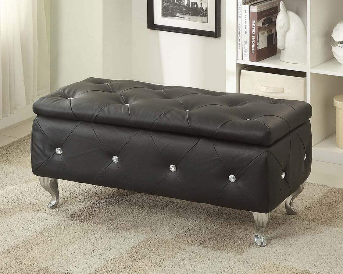 Black Tufted Hard Wood Storage Ottoman Bench in Upholstered Fabrics